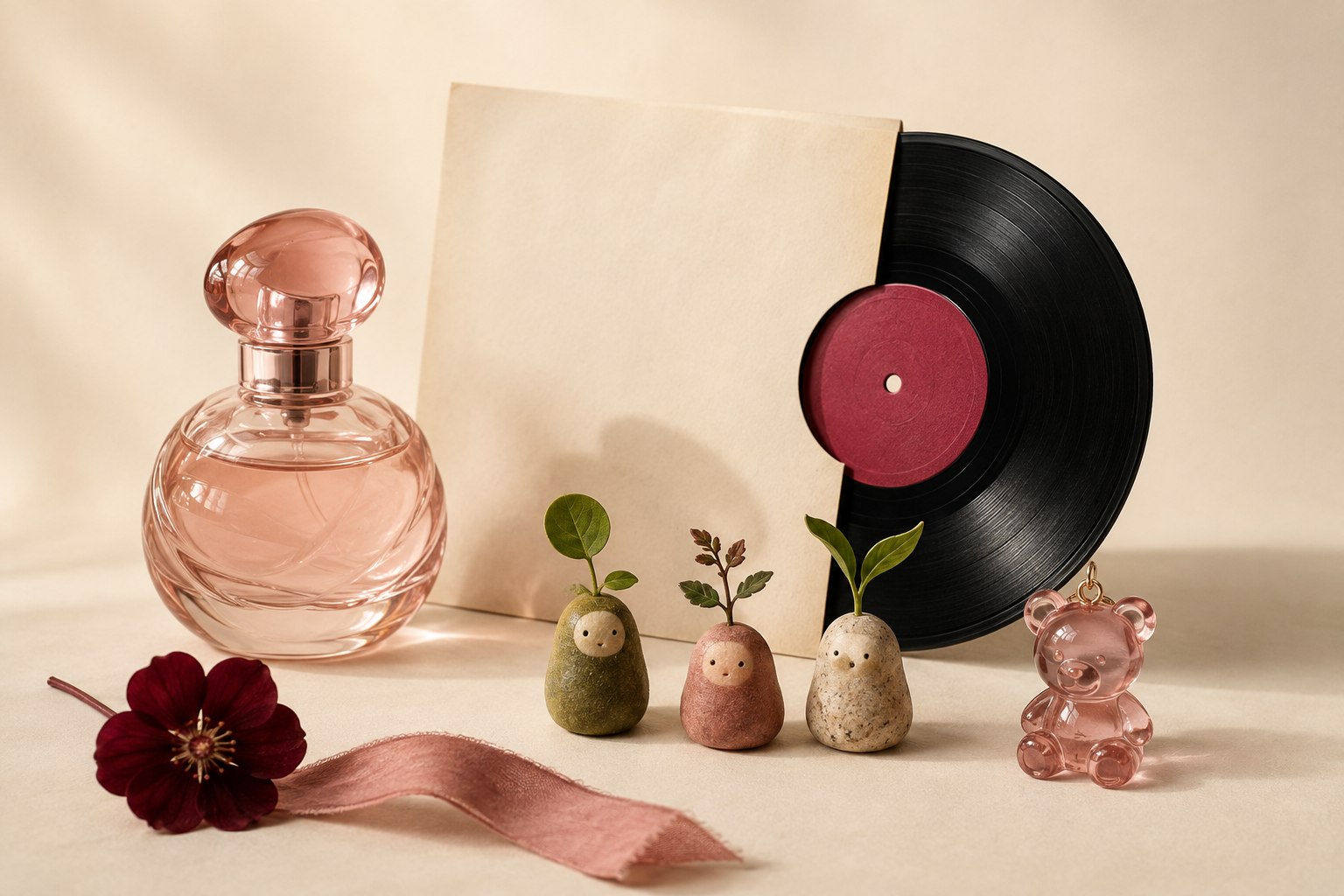 Editorial still life with an unbranded perfume bottle, vinyl record, tiny botanical figures and pink bear charm